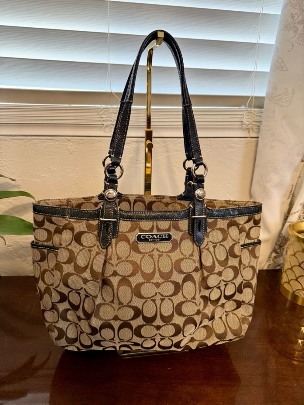 Coach Signature Zip Top Shoulder Bag Brown Tan Canvas Leather Trim 51336